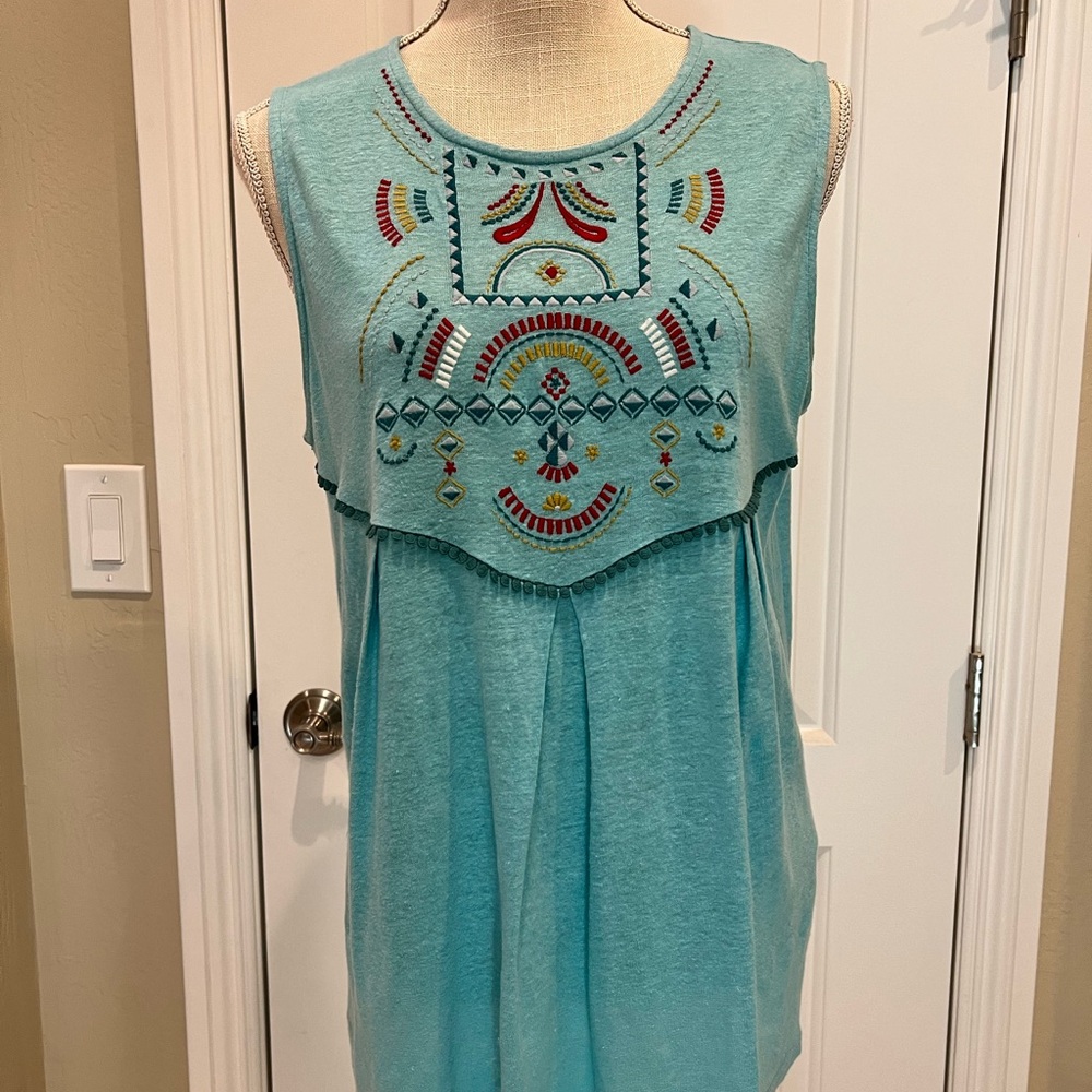 Turquoise Embroidered Sleeveless Top
